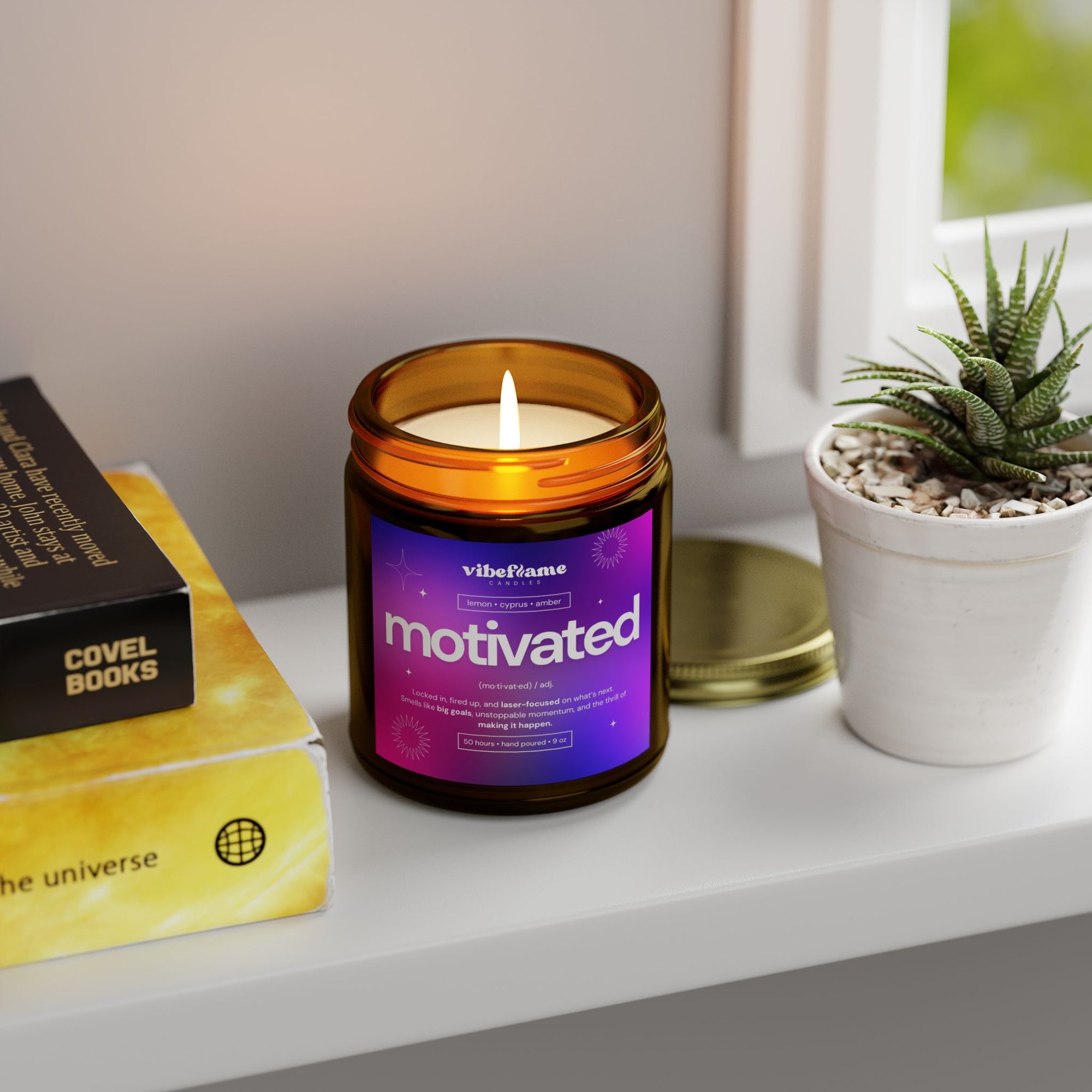 Vibeflame Scented Mood Candle - Handpoured Coconut Apricot Wax - Motivated - Amber