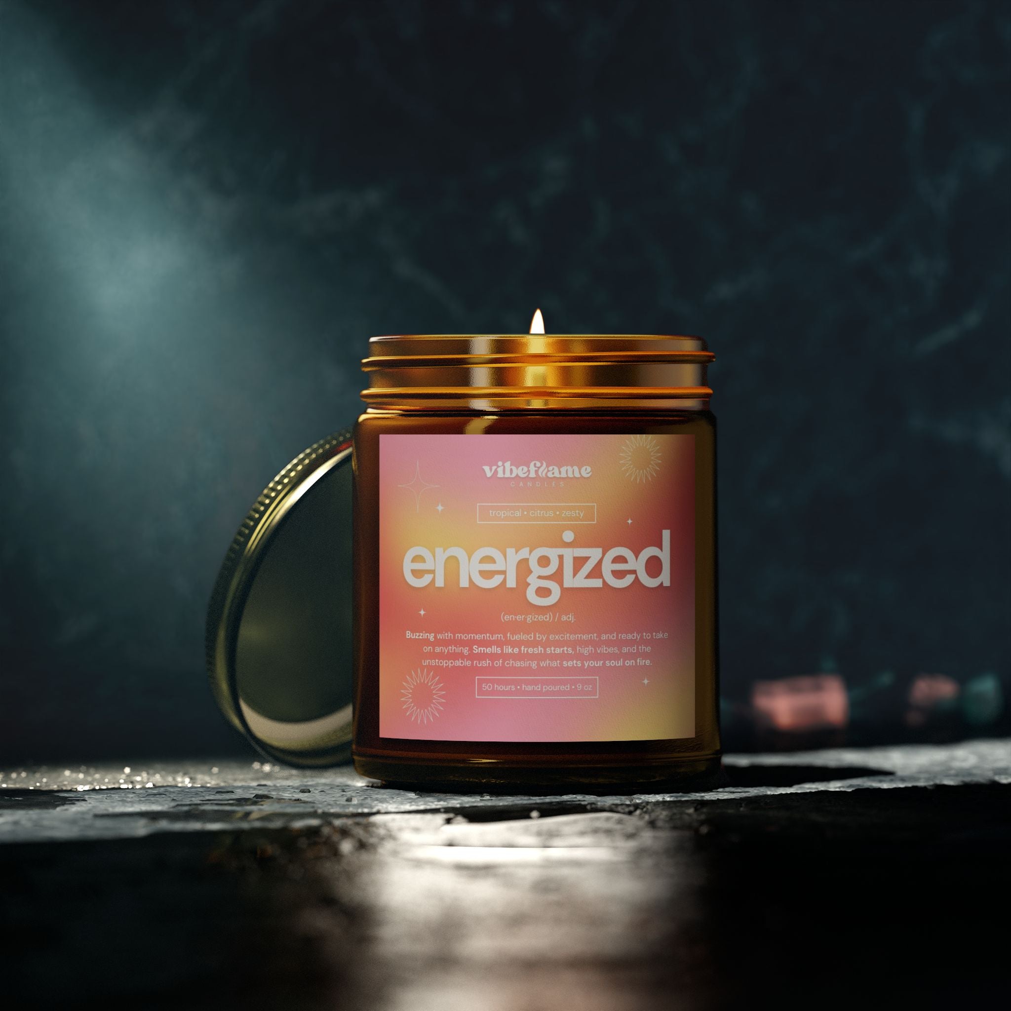 Vibeflame Scented Mood Candle - Handpoured Coconut Apricot Wax - Energized - Amber