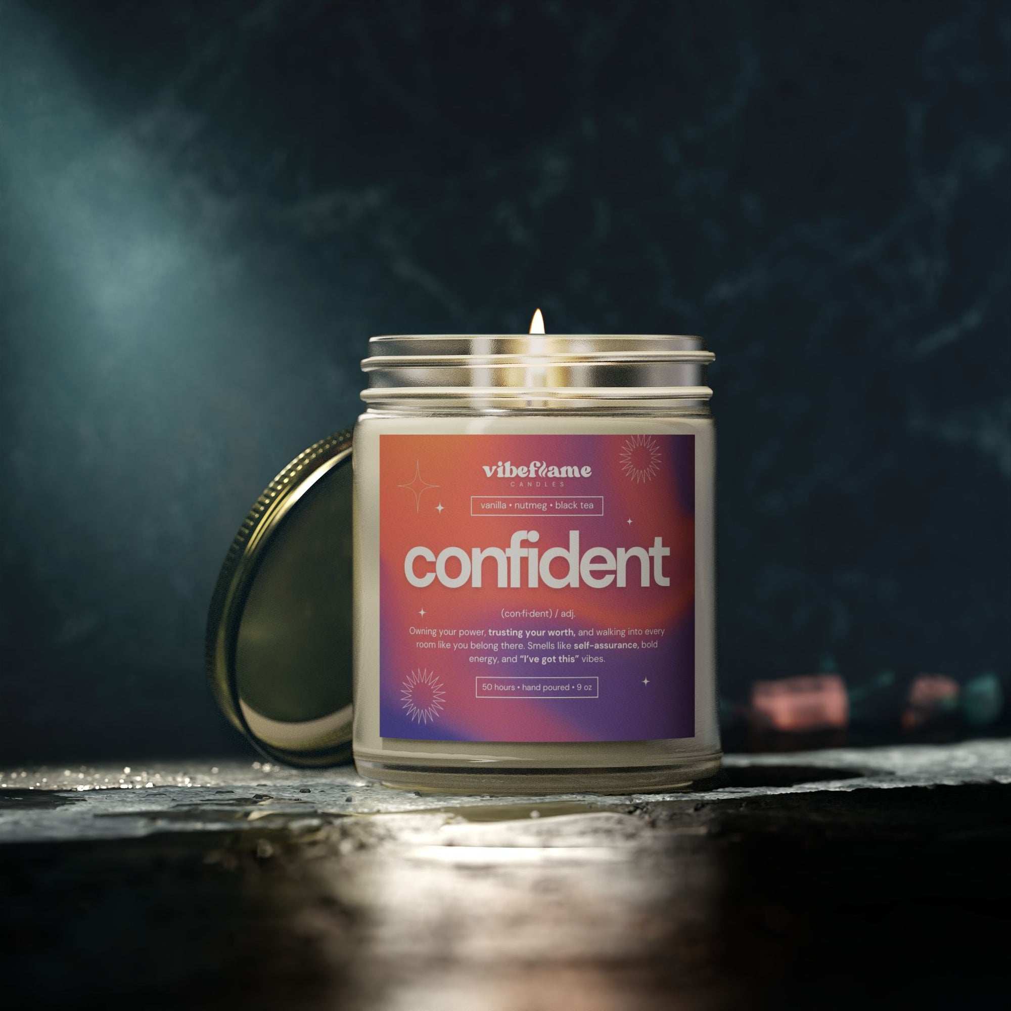 Vibeflame Scented Mood Candle - Handpoured Coconut Apricot Wax - Confident - Clear