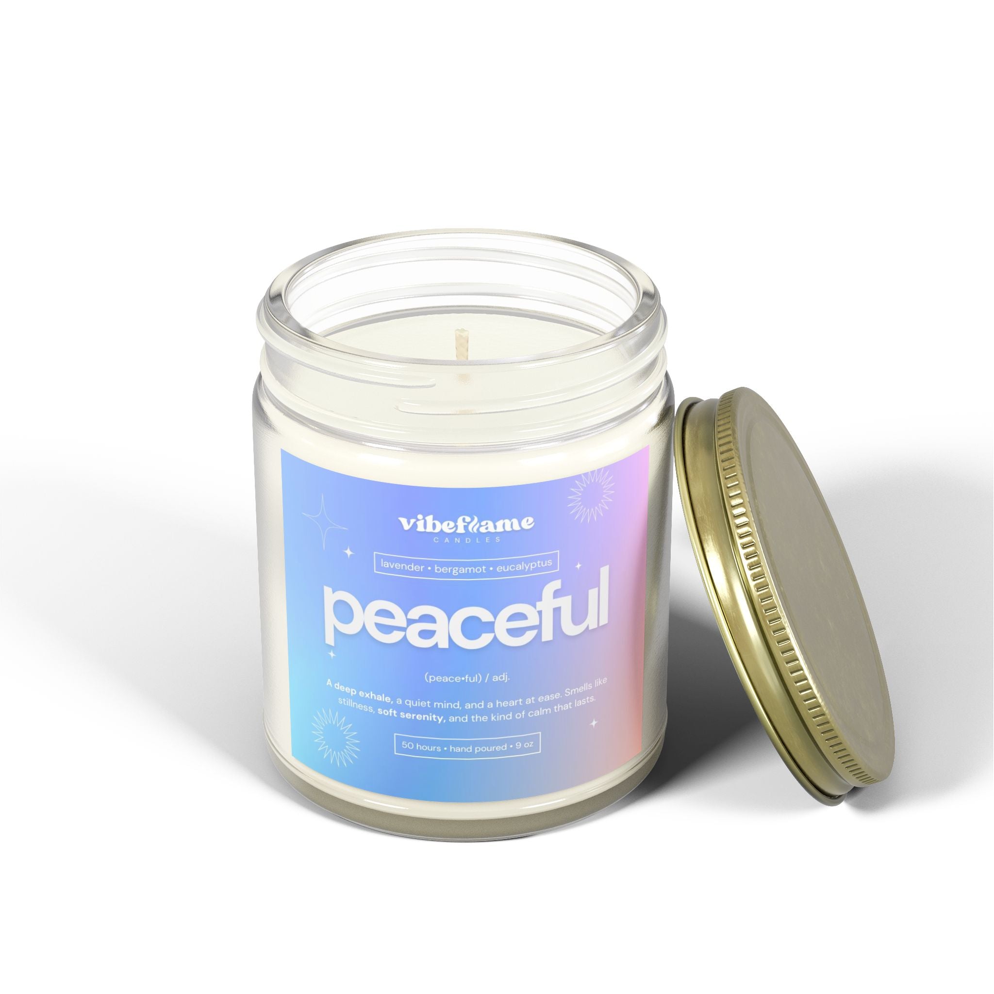 Vibeflame Scented Mood Candle - Handpoured Coconut Apricot Wax - Peaceful - Clear