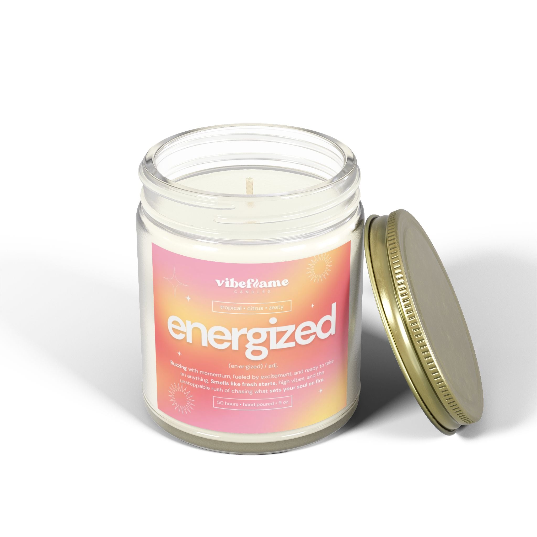Vibeflame Scented Mood Candle - Handpoured Coconut Apricot Wax - Energized - Clear