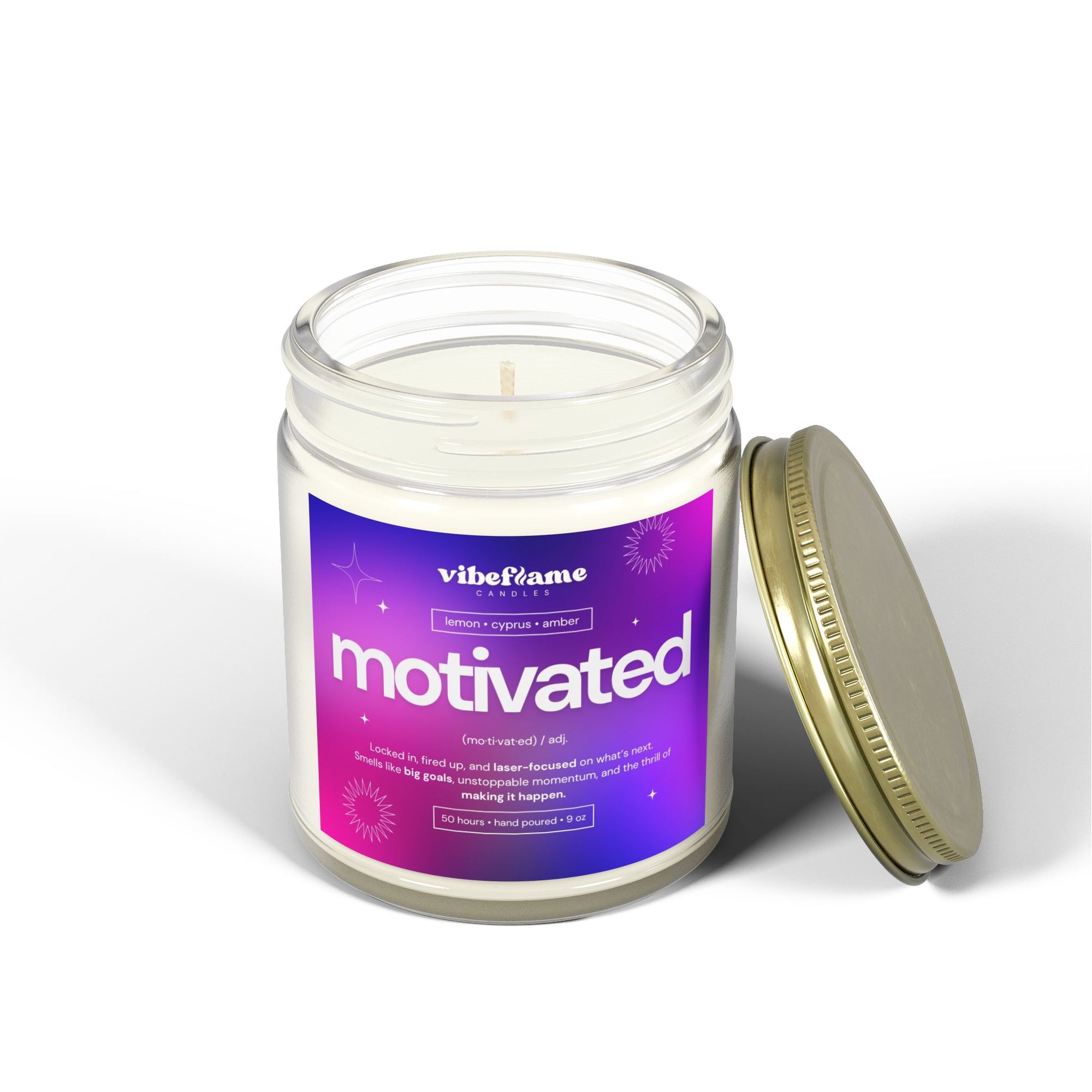 Vibeflame Scented Mood Candle - Handpoured Coconut Apricot Wax - Motivated - Clear