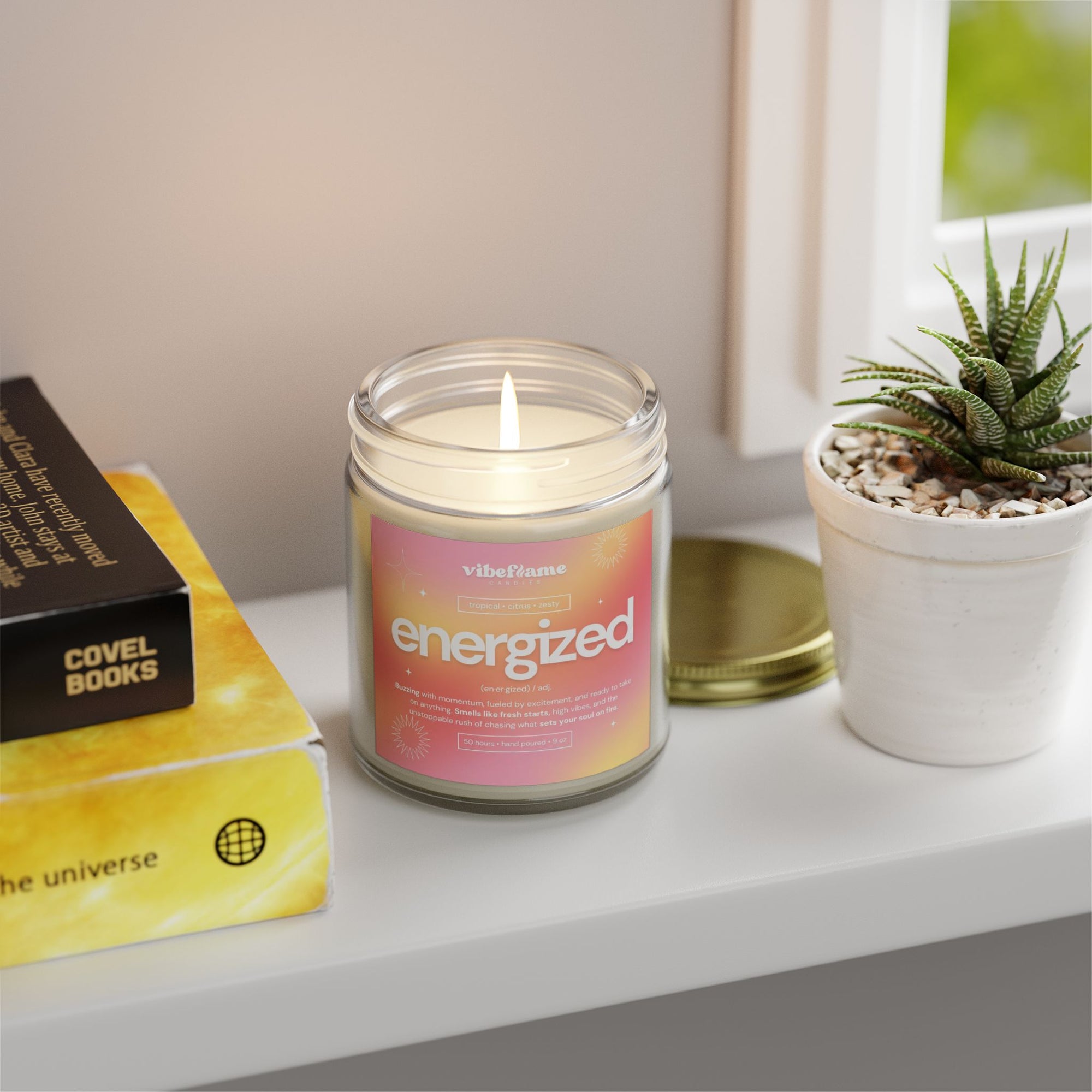 Vibeflame Scented Mood Candle - Handpoured Coconut Apricot Wax - Energized - Clear