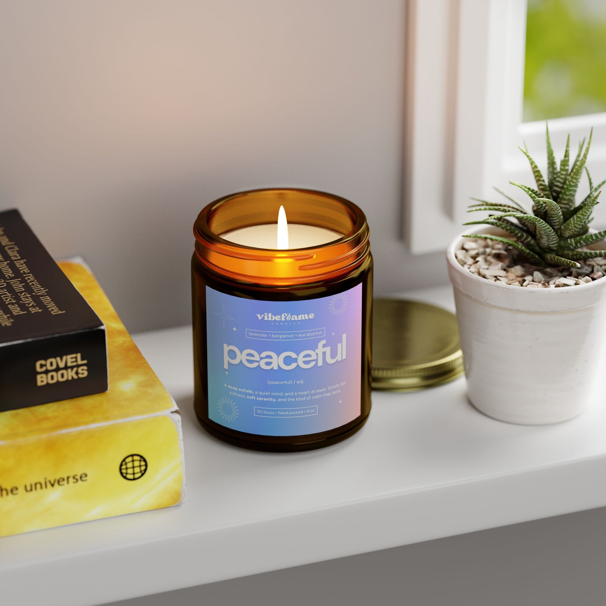 Vibeflame Scented Mood Candle - Handpoured Coconut Apricot Wax - Peaceful - Amber