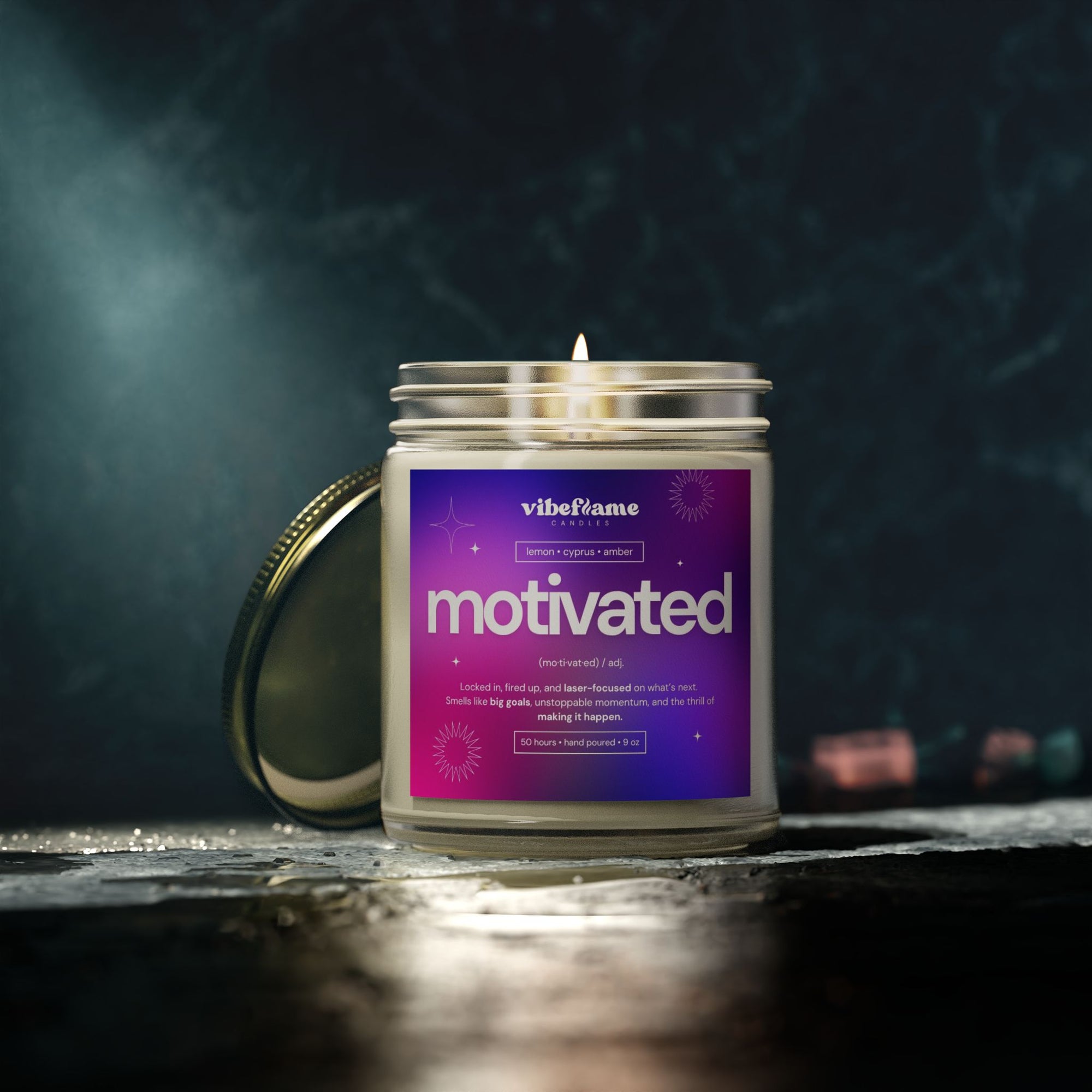 Vibeflame Scented Mood Candle - Handpoured Coconut Apricot Wax - Motivated - Clear