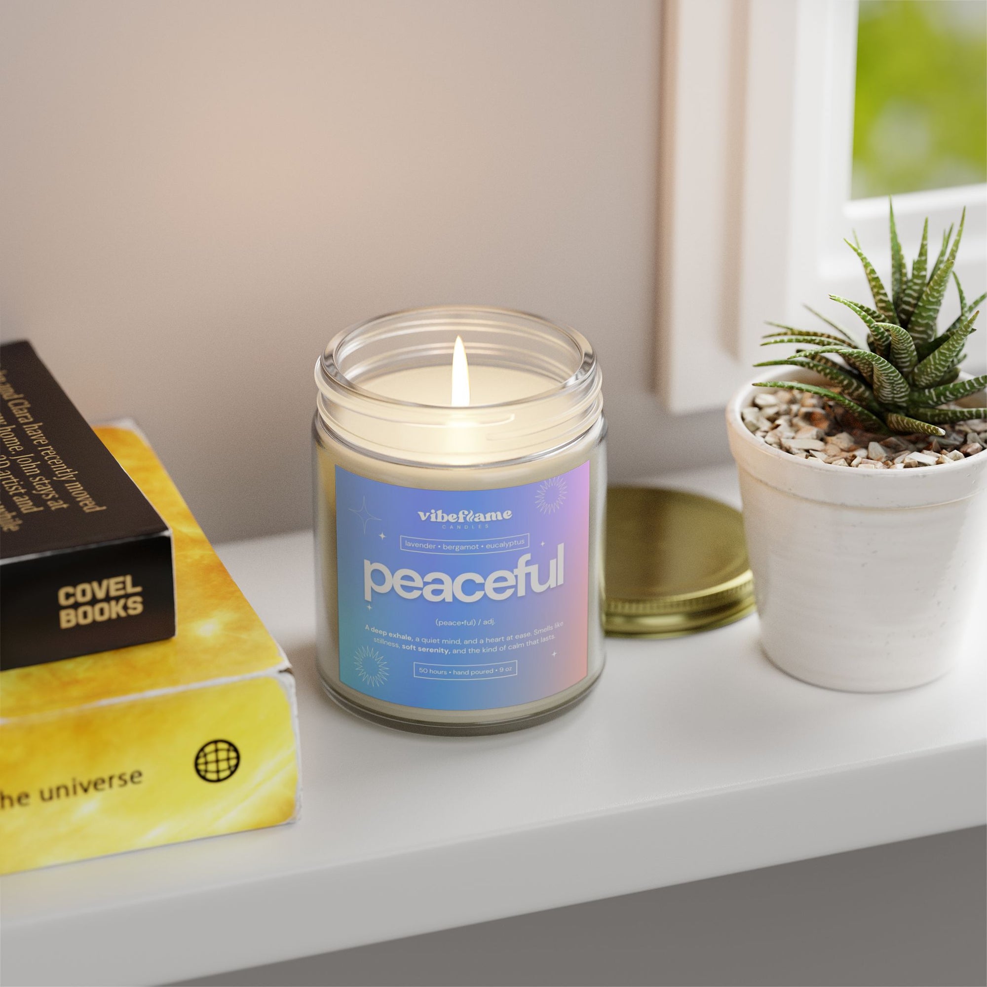 Vibeflame Scented Mood Candle - Handpoured Coconut Apricot Wax - Peaceful - Clear