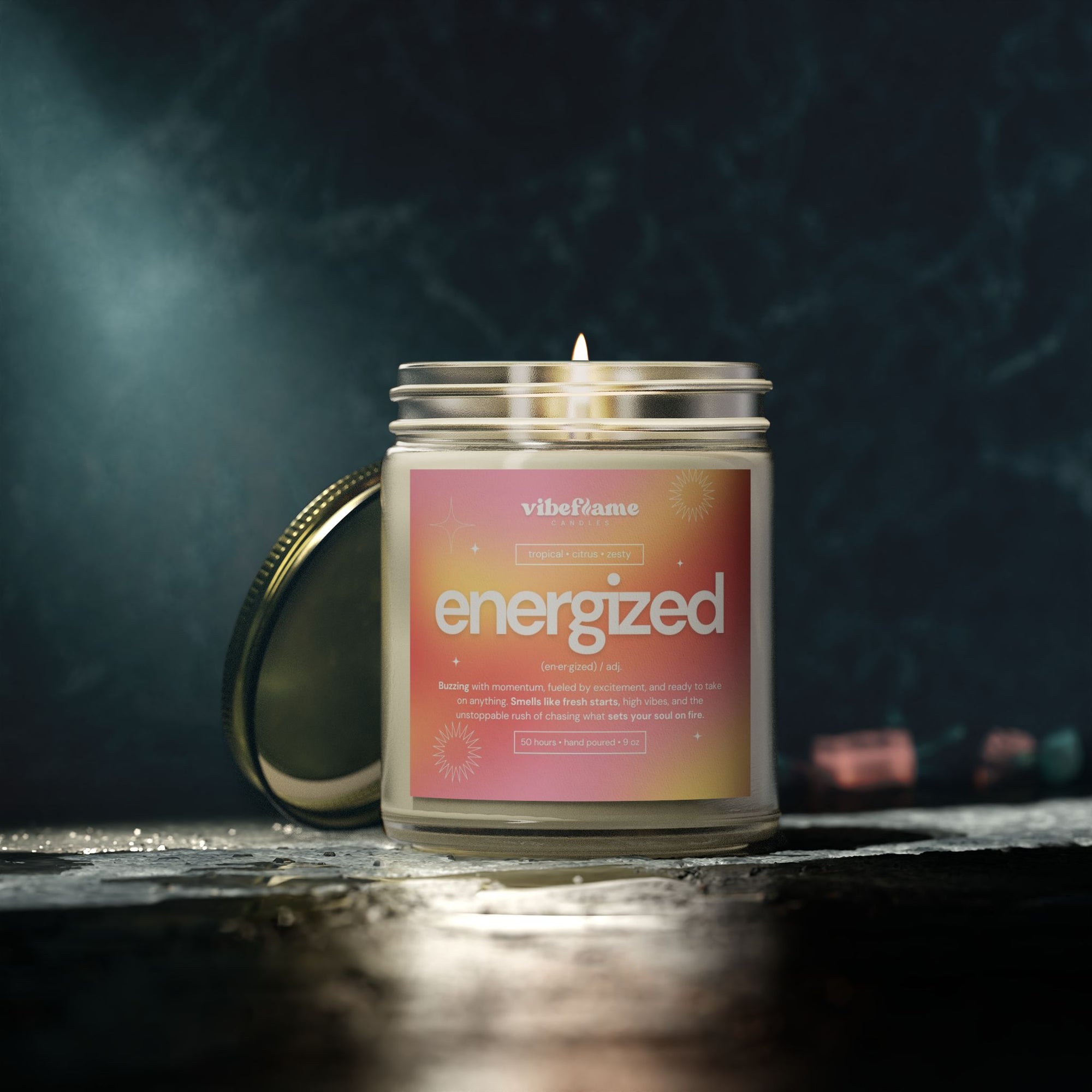 Vibeflame Scented Mood Candle - Handpoured Coconut Apricot Wax - Energized - Clear