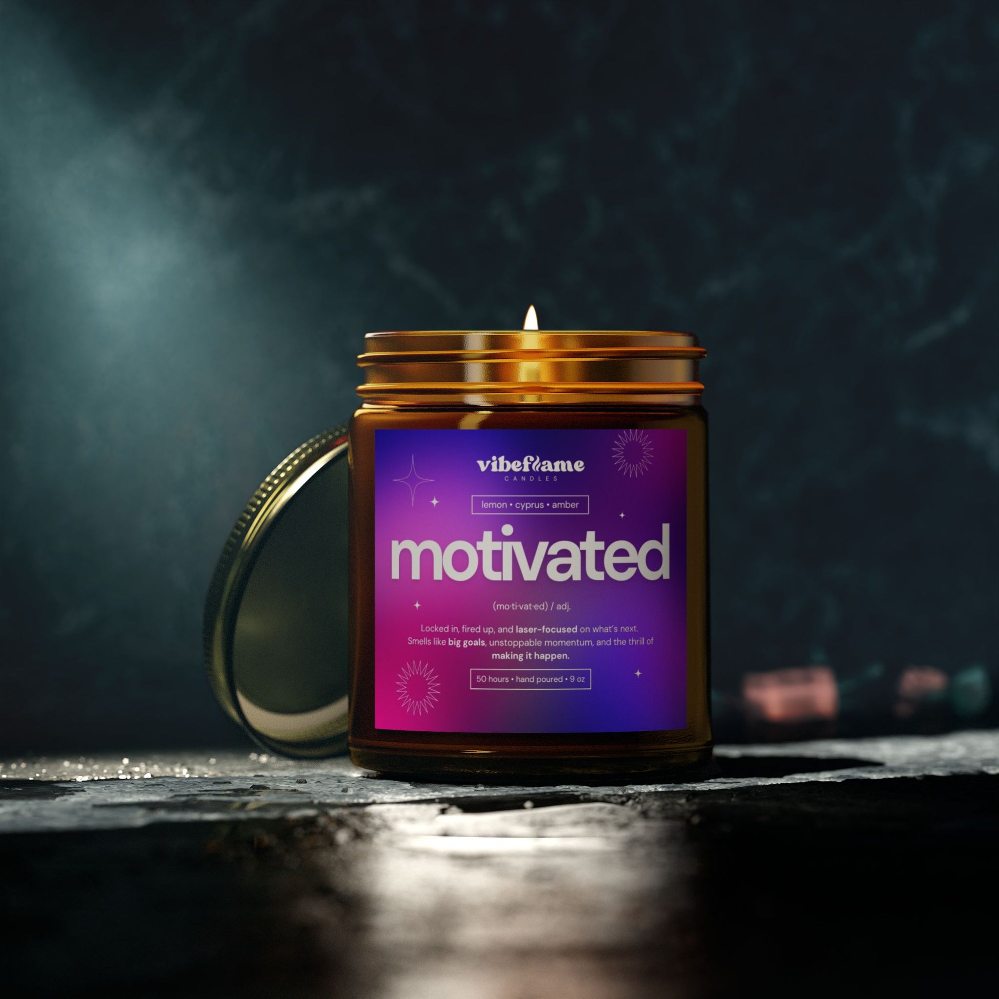 Vibeflame Scented Mood Candle - Handpoured Coconut Apricot Wax - Motivated - Amber