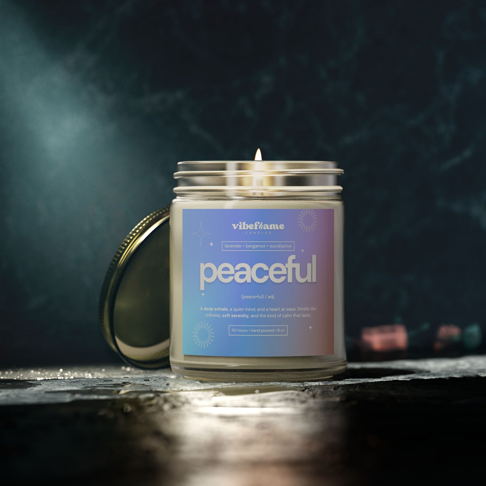 Vibeflame Scented Mood Candle - Handpoured Coconut Apricot Wax - Peaceful - Clear
